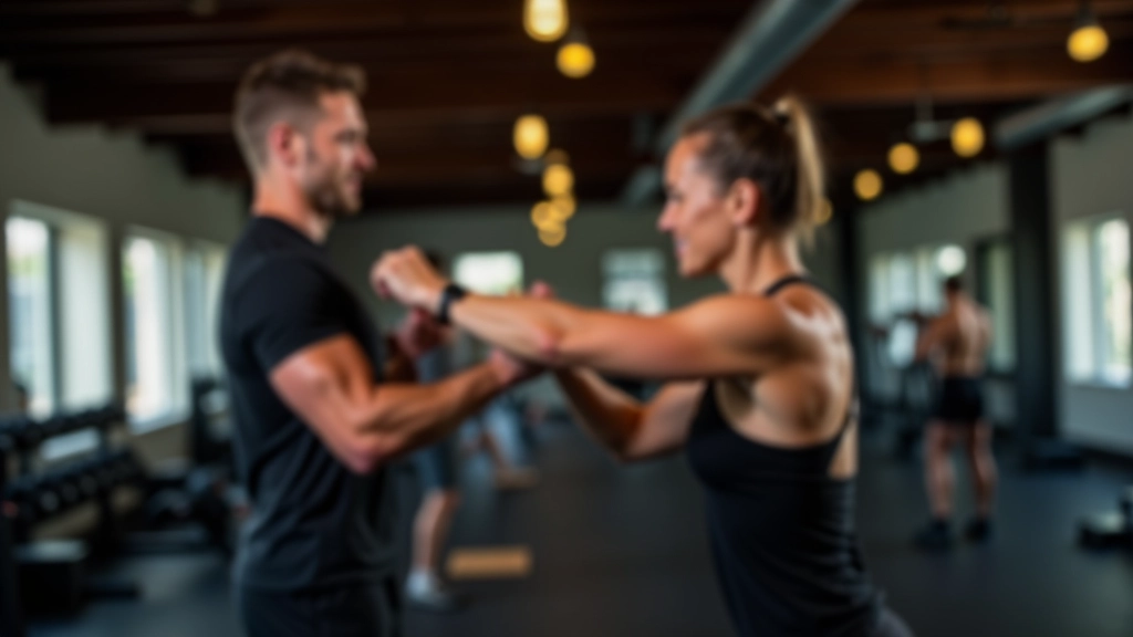 Instructor demonstrating shoulder mobility stretch with a client in gym setting
